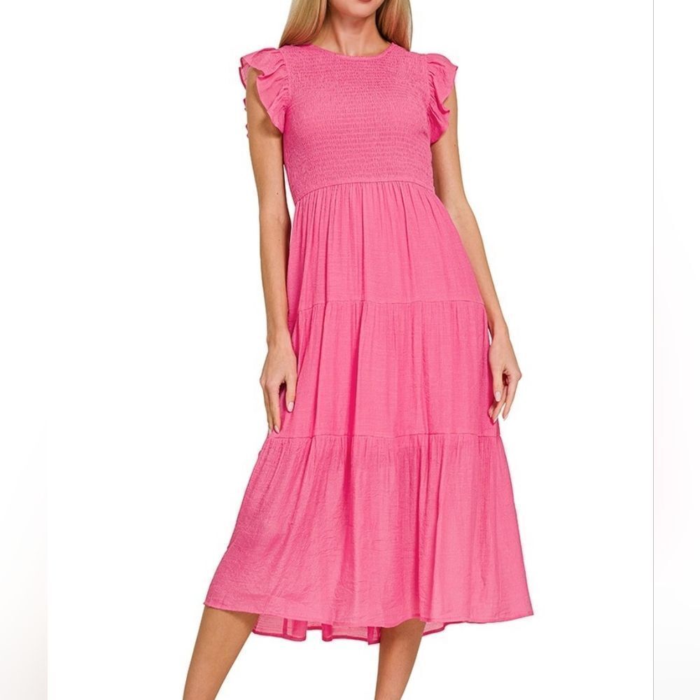 Zenana Woven Smocked Midi Pink Ruffle Sleeve Dress sz Small